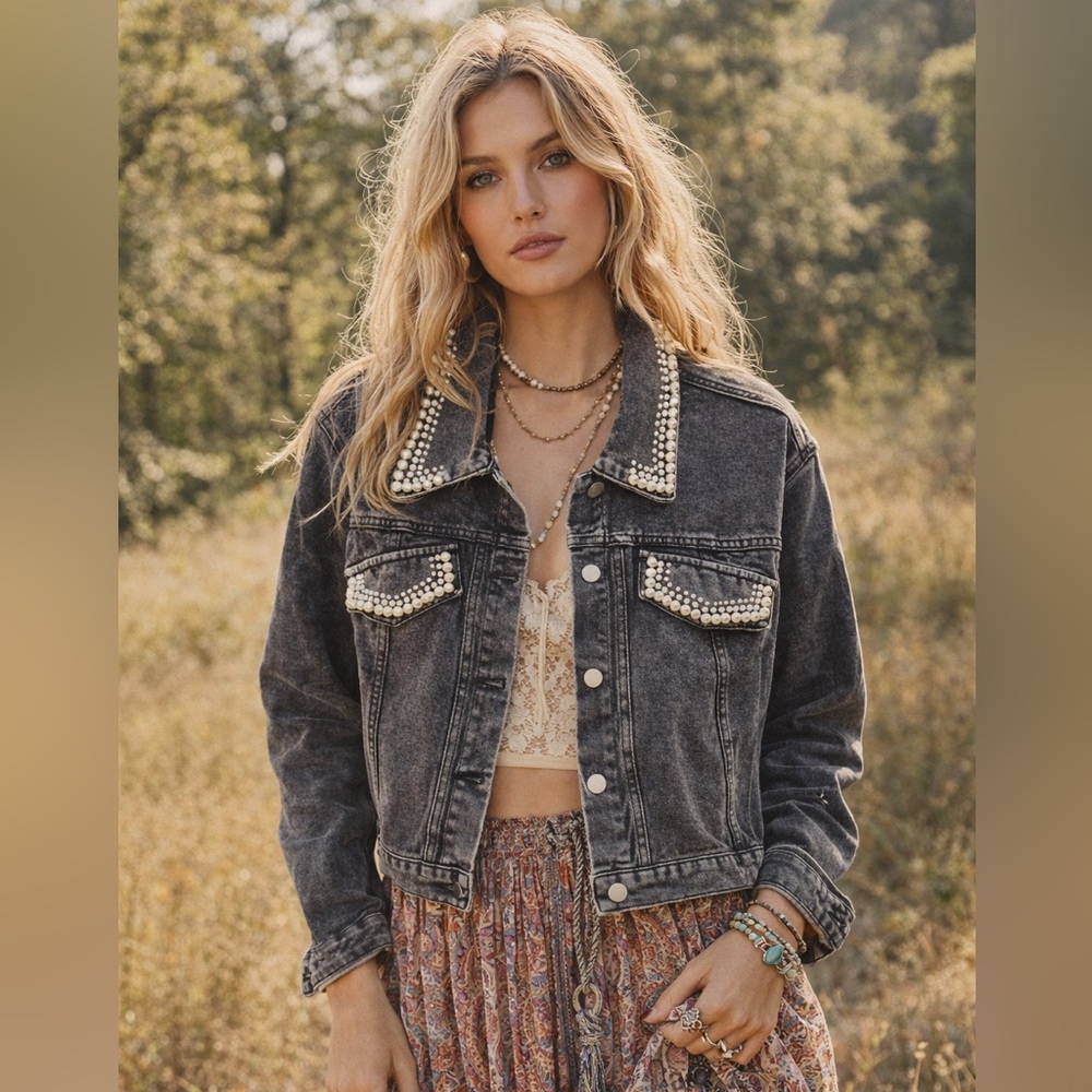 Savanna Jane Pearl-Embellished Washed Black Denim Jacket